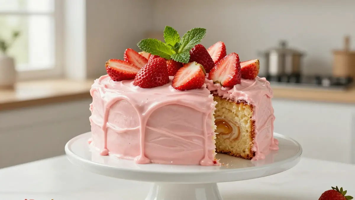 strawberry honeybun cake with strawberry cream icing on white marble dessert plate homemade strawberry dessert