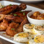 Spicy Garlic Butter Chicken Wings with Shrimp and Cajun Eggs served with mashed potatoes, spicy shrimp sauce, and sliced Cajun-seasoned boiled eggs
