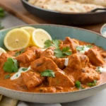 Chicken Tikka Masala served in a shallow bowl with tender chicken pieces in a rich creamy tomato sauce, garnished with cilantro, cream, and lemon slices.