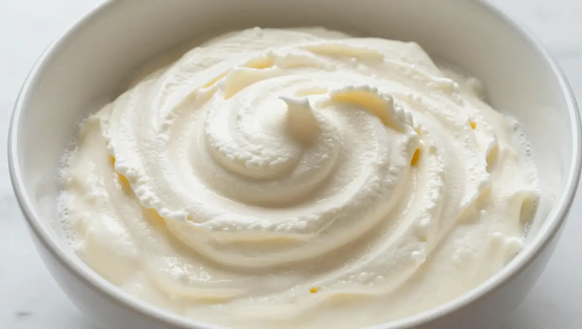 Fluffy whipped eggs and sugar mixture in bowl on white marble – chocolate sponge cake batter preparation step