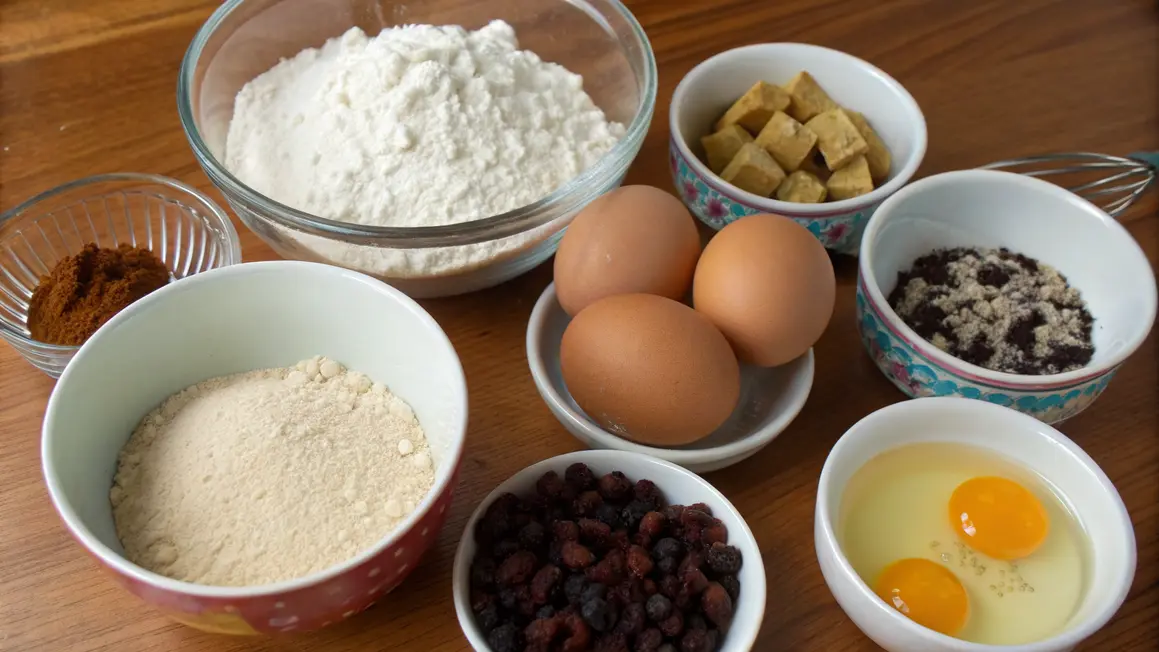 Hot Cross Buns ingredients including flour, eggs, raisins, yeast, sugar, spices, and butter arranged in small bowls on a wooden table.