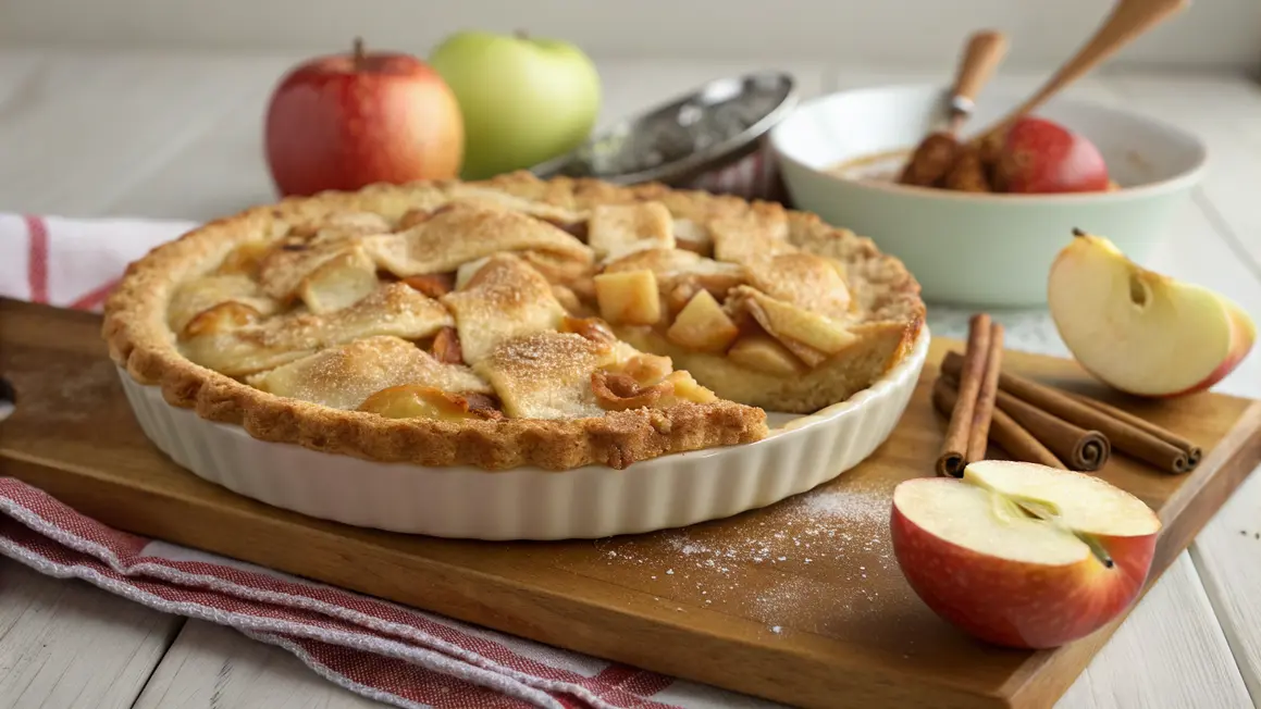 fresh baked apple juice pie with golden flaky crust and sweet apple filling on white marble surface